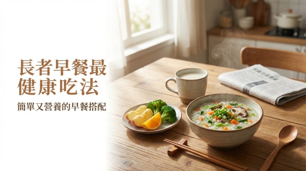 銀髮族健康早餐示意圖，包含營養粥、蛋、豆漿、全穀與蔬菜水果，展現簡單又均衡的早餐選擇