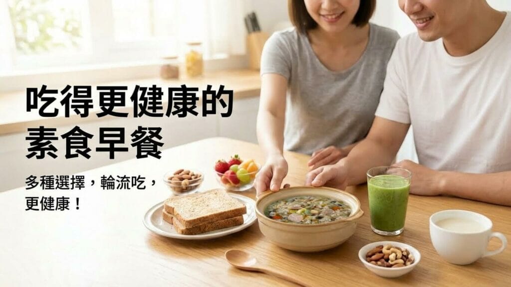 素食早餐健康選擇示意圖，多種早餐組合包括營養粥、全麥吐司、豆漿與水果呈現在清晨餐桌