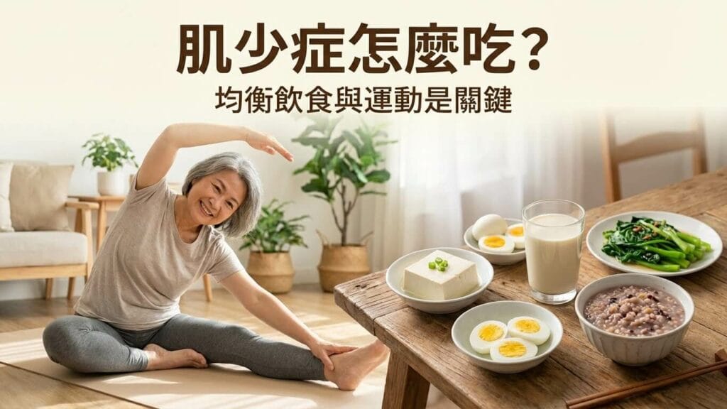 老人肌少症飲食與生活指南示意圖，均衡營養食物搭配日常活動，強調飲食與運動改善肌力